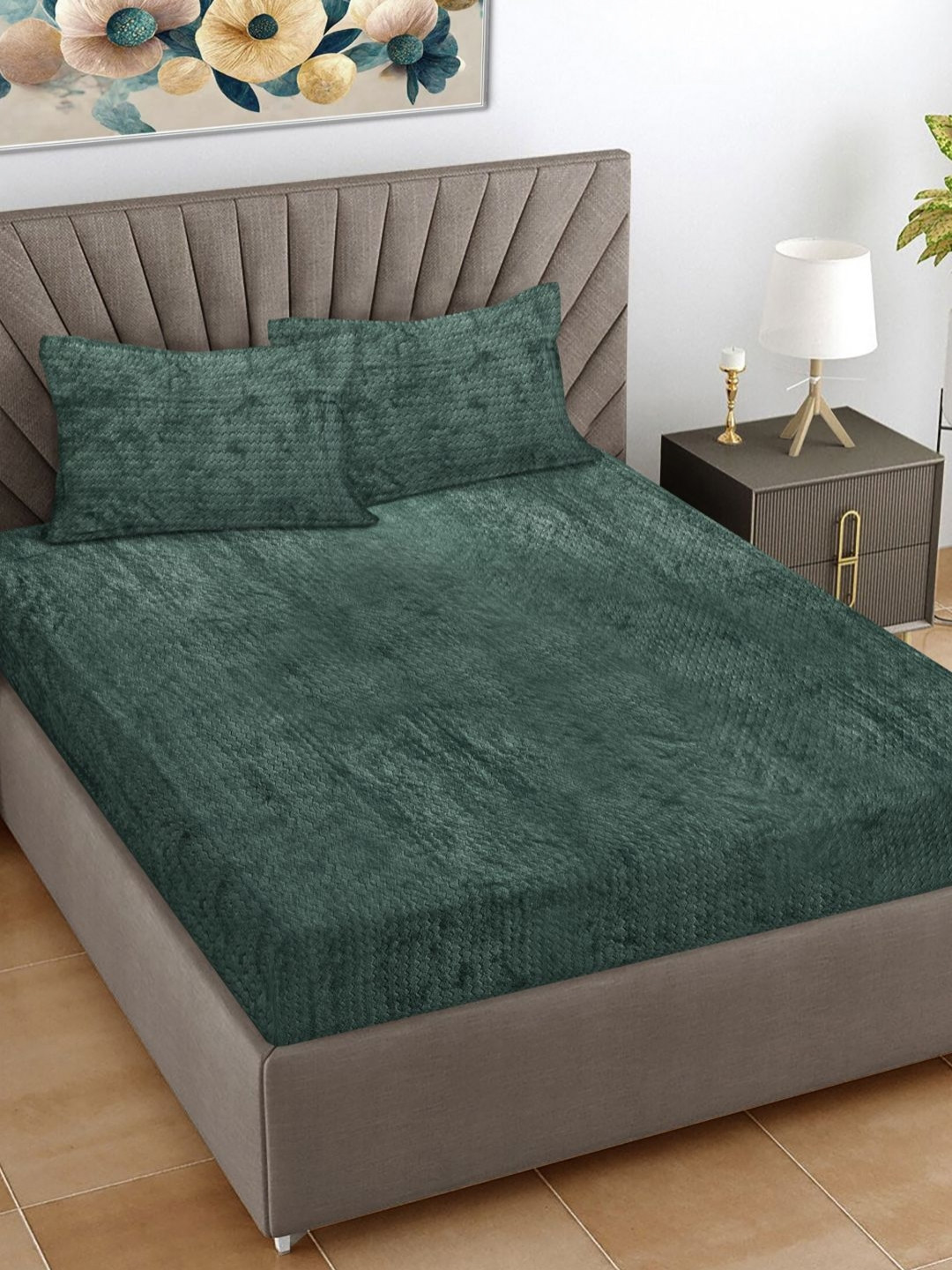 FABINALIV Green Geometric 300 TC Wool King Bedsheet Set 2.50 m x 2.20 m