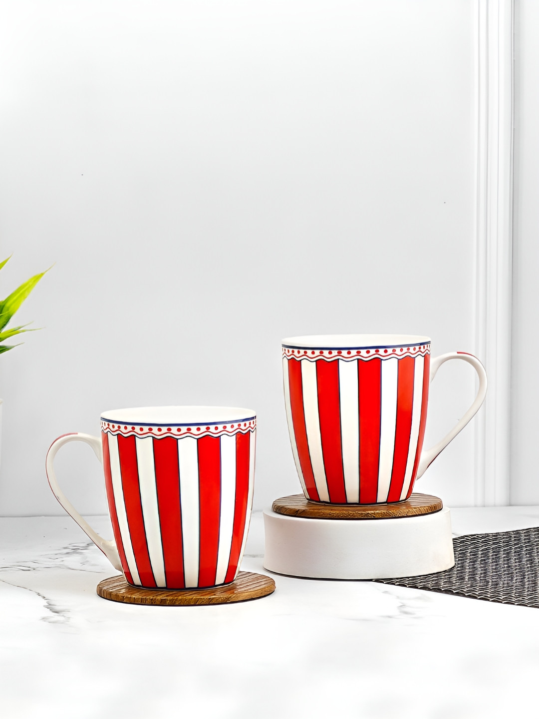 UPC Red Striped Ceramic Microwave Safe 2 Piece Mugs-260ml