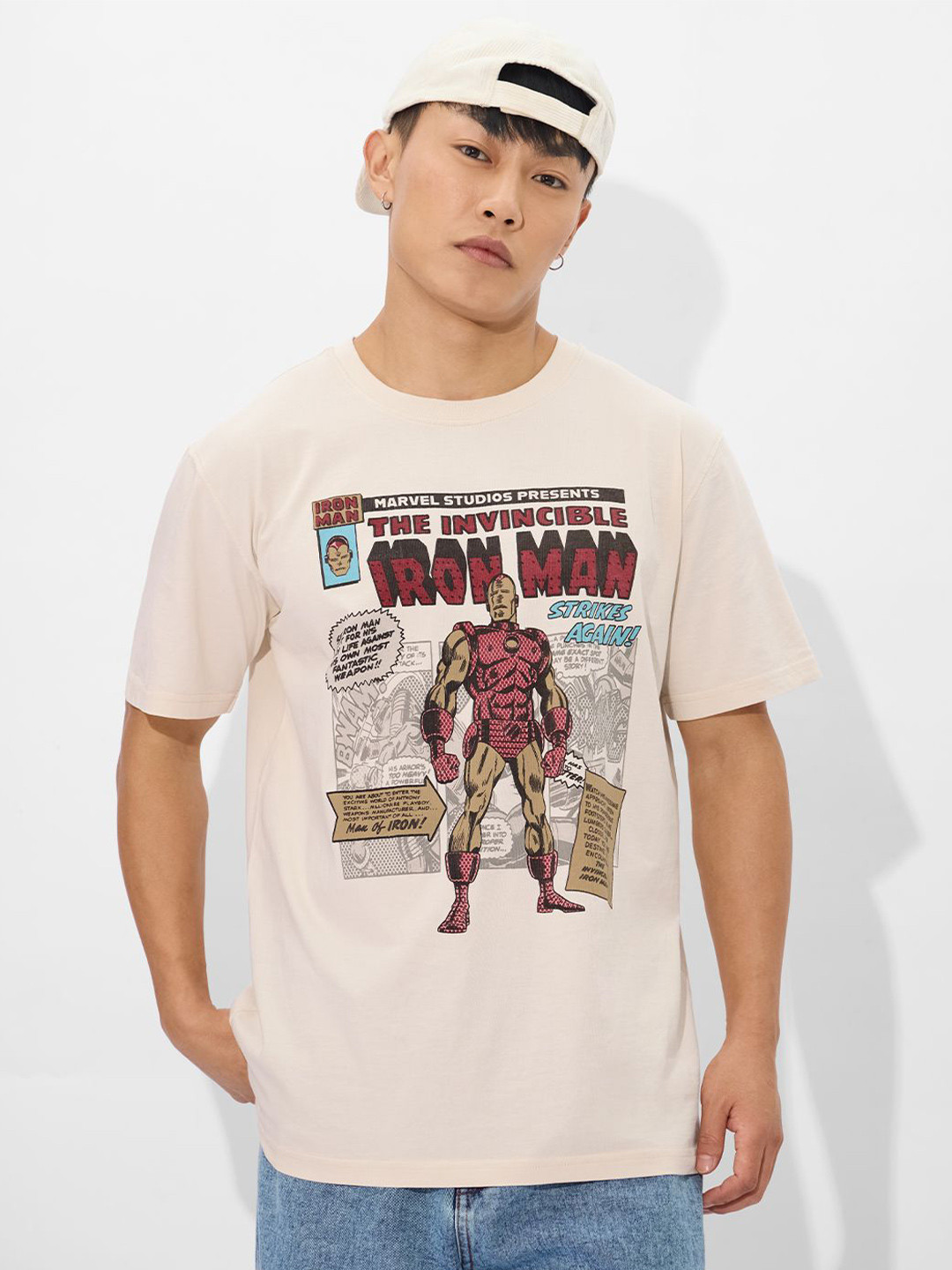 The Souled Store Men Graphic Printed Round Neck Cotton Relaxed Fit Iron Man T-shirt