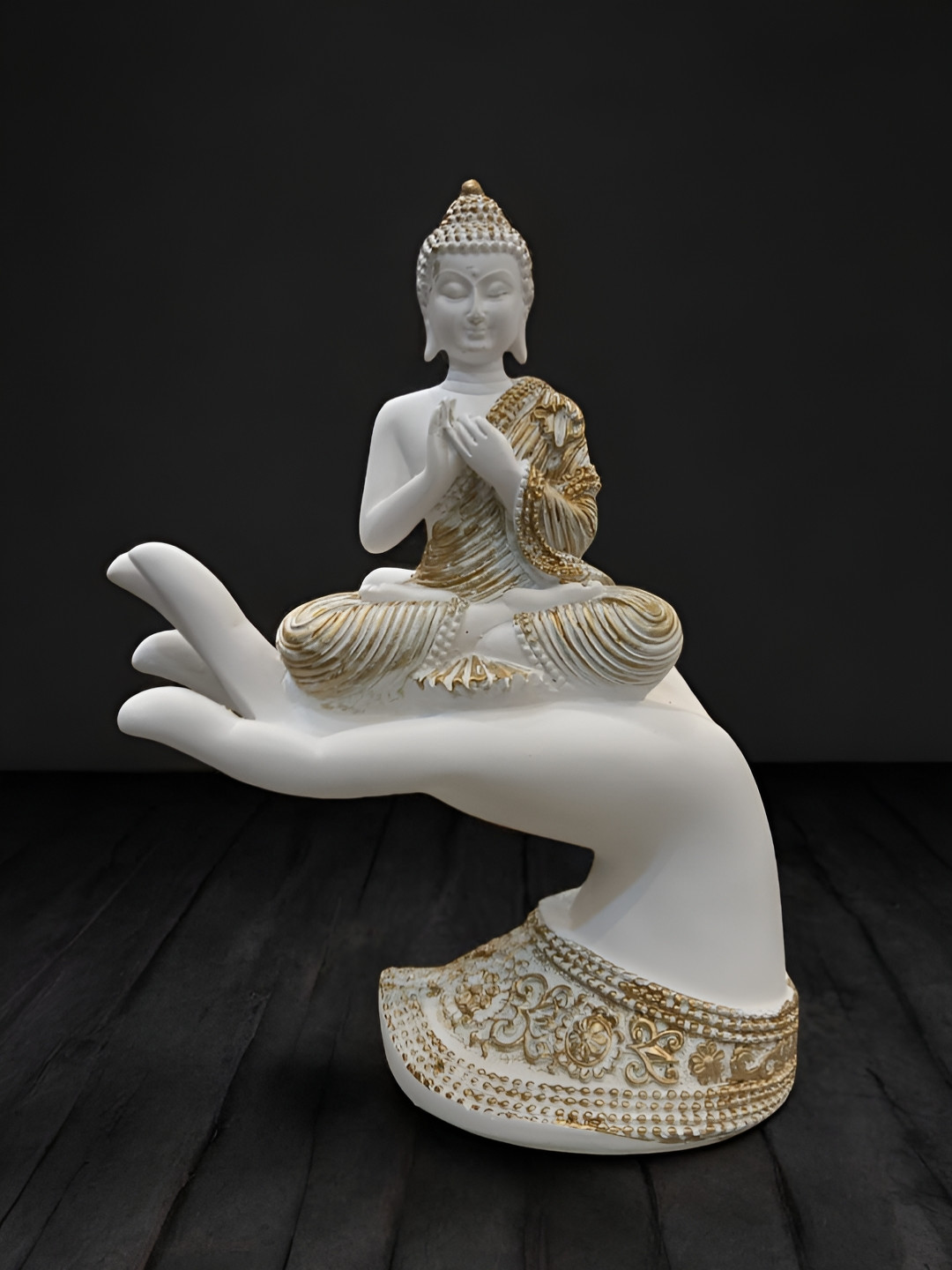 Vrinban International The All New Buddha Sitting on Palm with The Blessing Mudra White Polyresin Natural Living Room Medium Showpiece - 8.7 Inches