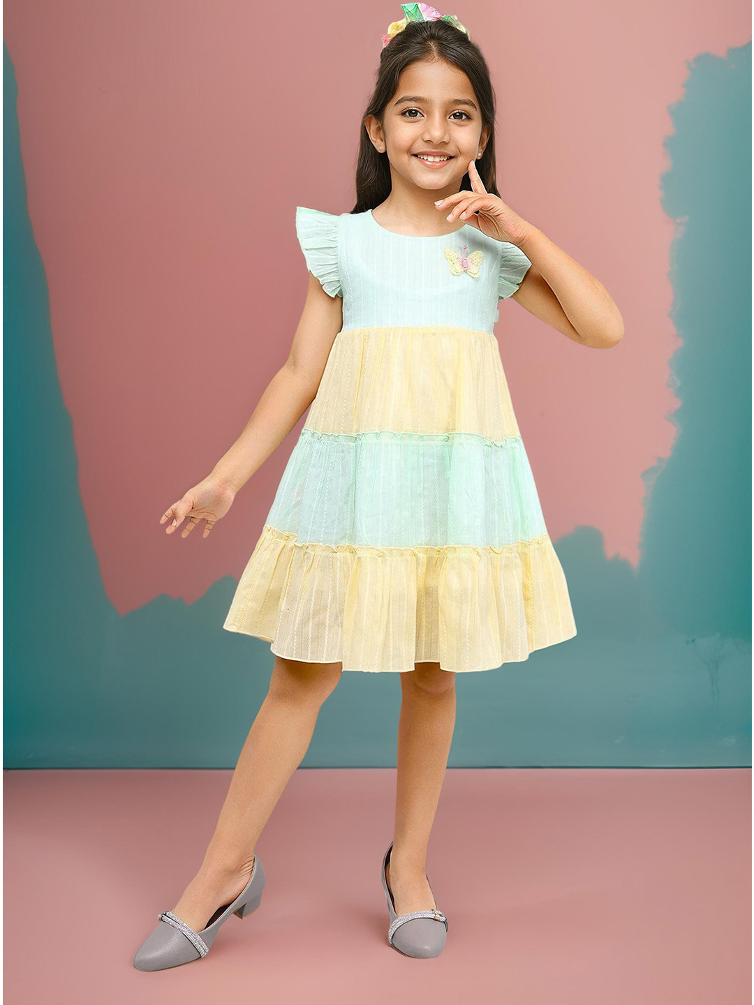 PINK MERMAID Girls Cotton Colourblocked Tiered Flutter Sleeve A-Line Dress