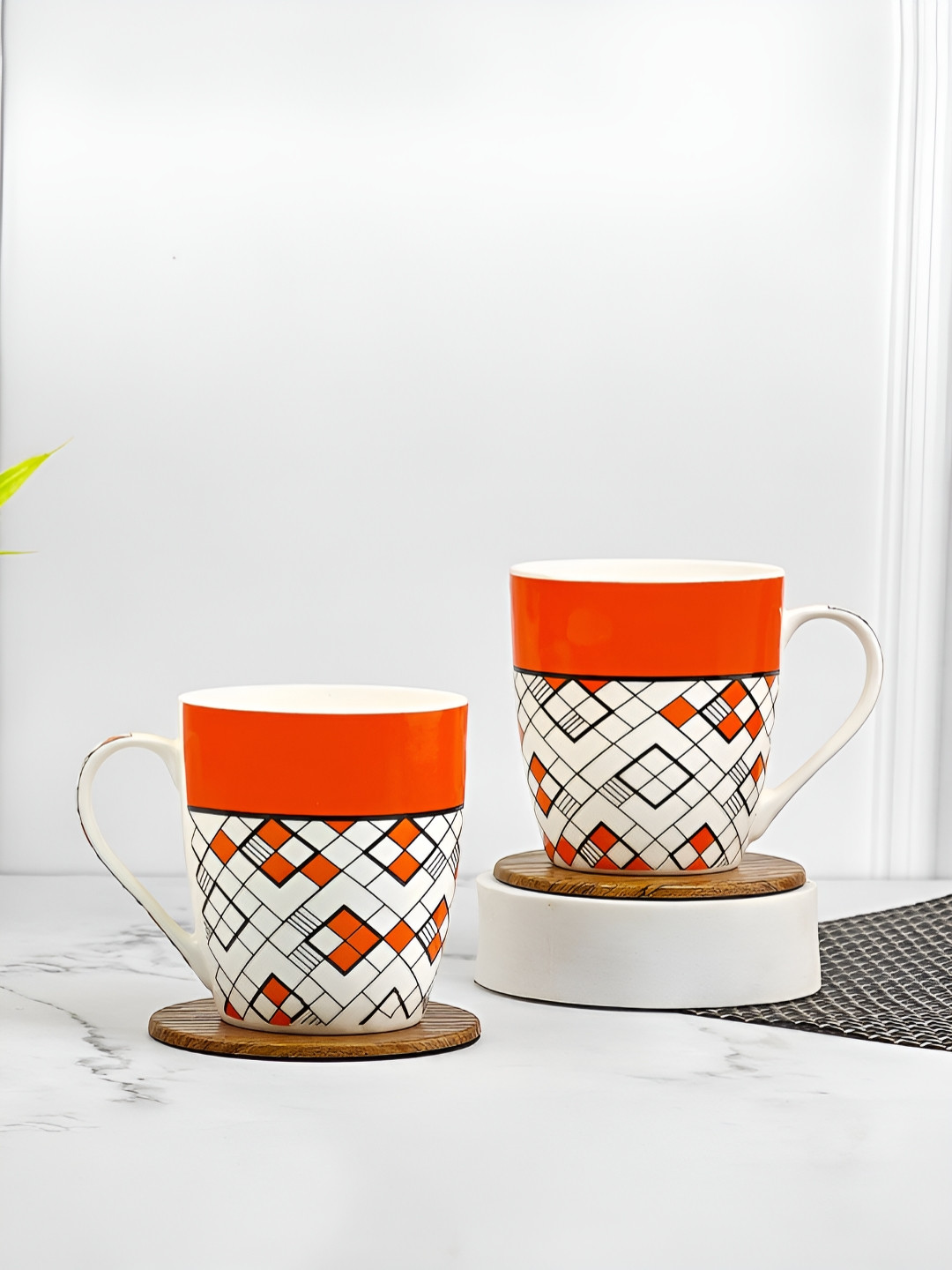 UPC Belle White Geometric Ceramic Handmade 2 Piece Mug-260ml