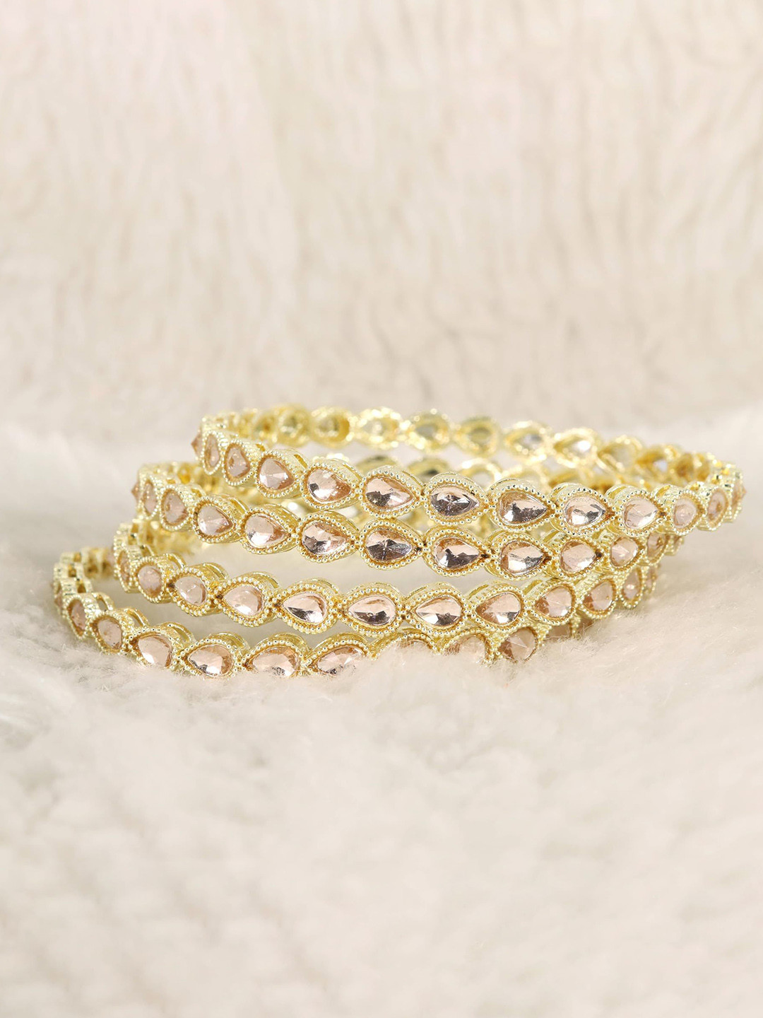ZULKA Set Of 4 White & Gold-Toned Gold-Plated Kundan-Studded Bangles