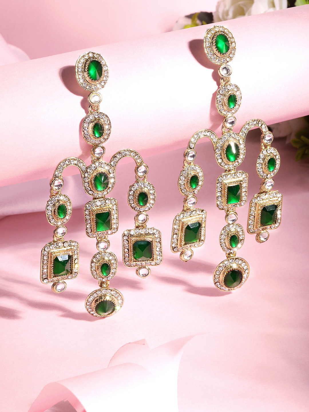 ASMITTA JEWELLERY 22K Gold-Plated Stone Studded Contemporary Drop Earrings