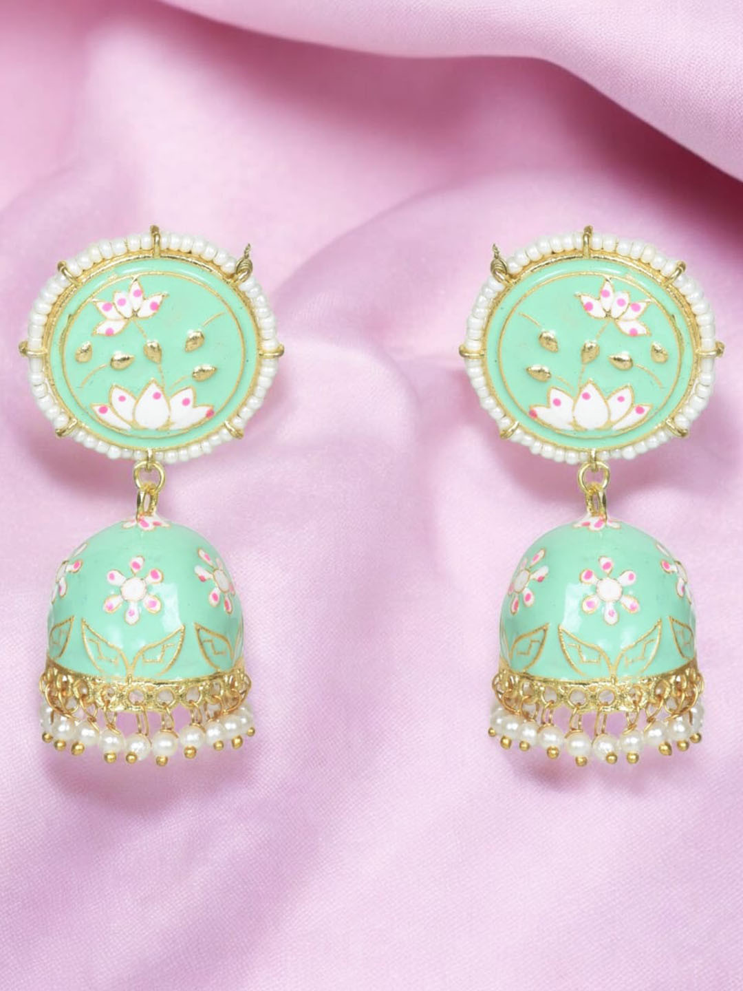 Nilu's Collection Brass-Plated Pearls Beaded Dome Shaped Lotus engraved Meenakari Jhumkas