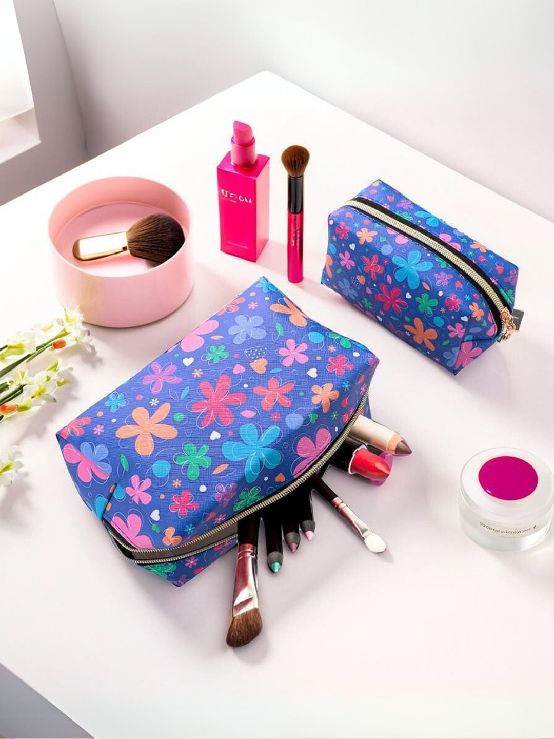 Tinker Squad 2 Pcs Teens Girls Blue Floral Print Cosmetic Pouch Bag Travel Accessory
