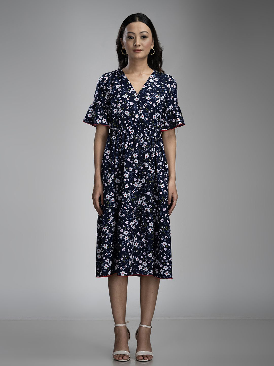 KRISS-CROX Women Floral Printed Flared Sleeve Georgette Fit & Flare Dress