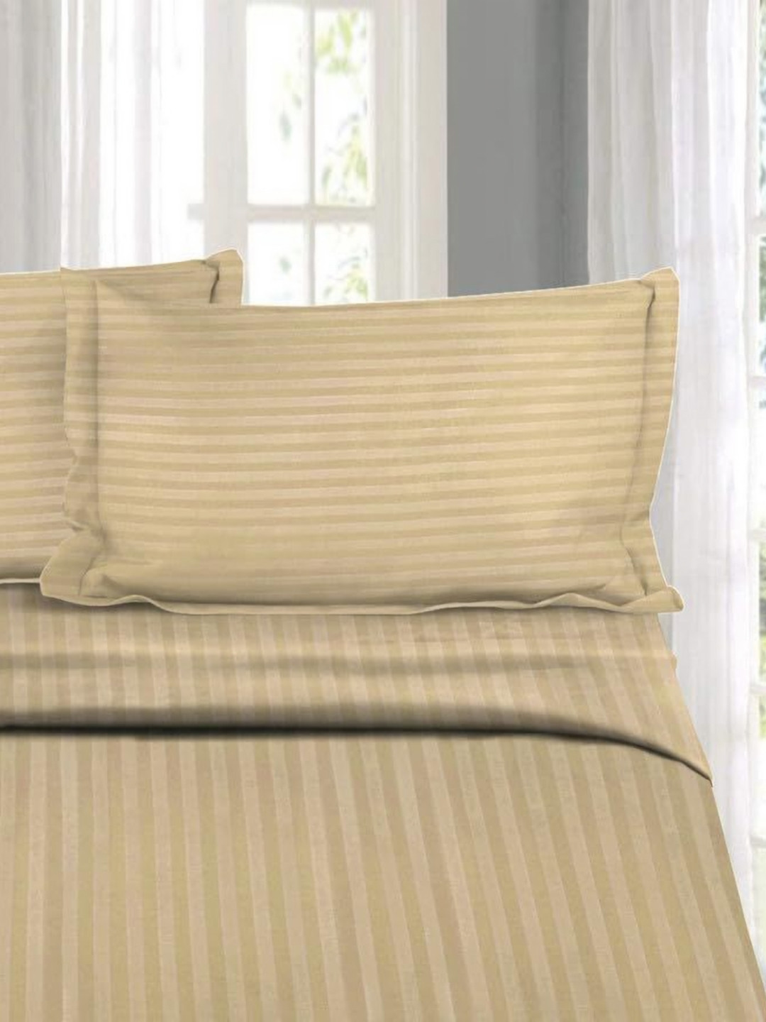 MARK HOME Beige Striped Cotton 210 TC King Bedsheet with 2 Pillow Covers-2.74 m x 2.74 m