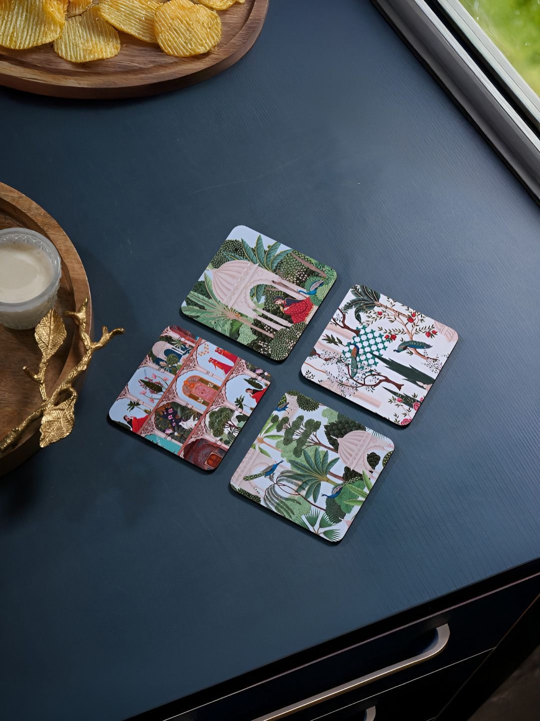 Homspurts Green & Red 4 Pieces Mughal Garden Printed Square Wooden Coasters