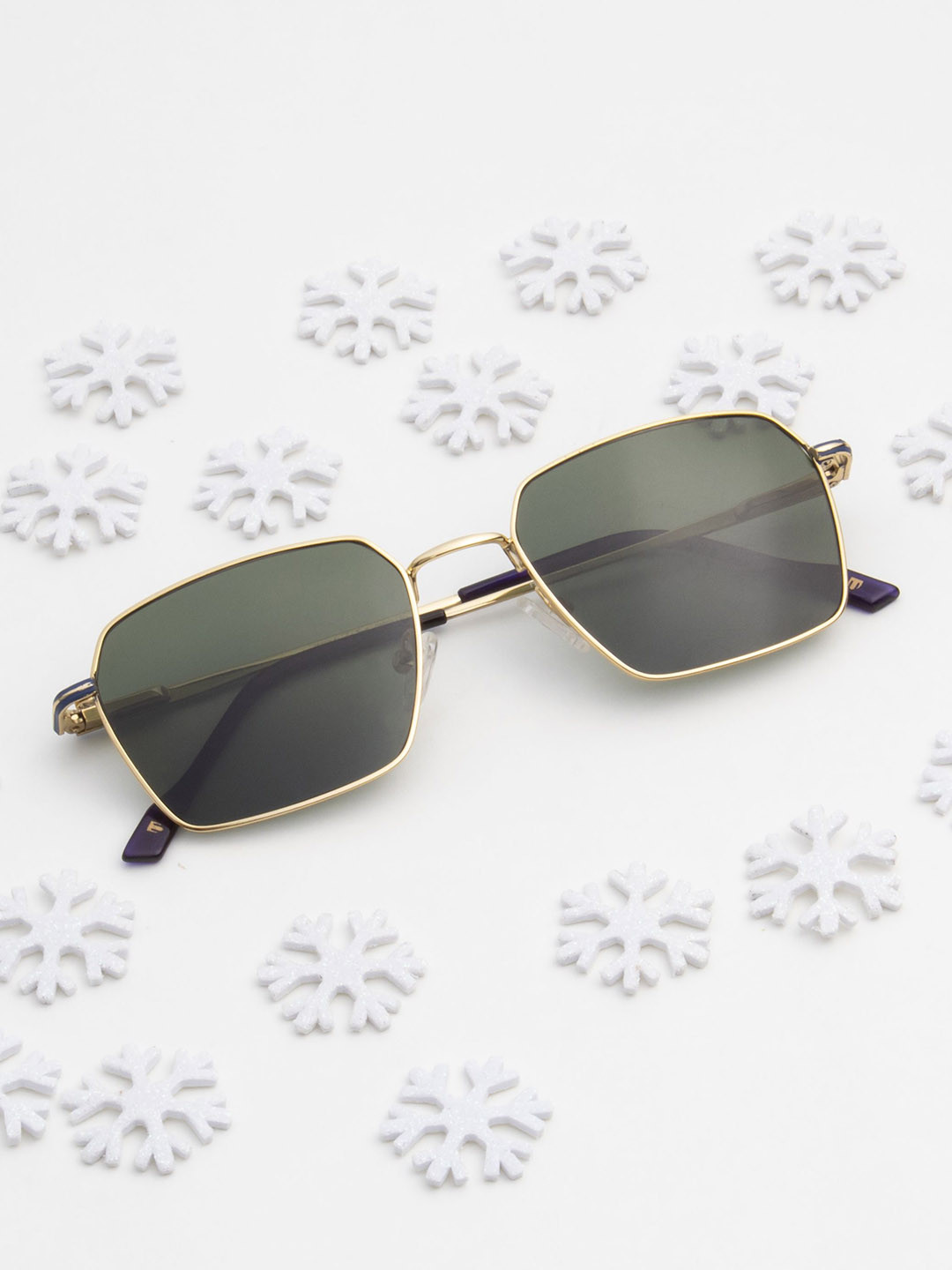 Ted Smith Unisex Gold-Green Metal Square Sunglasses with Polarised Lens