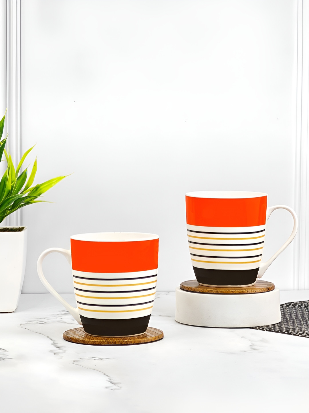 UPC Pine Haven Embossed White Striped Ceramic Microwave Safe 2 Piece Mugs-260ml