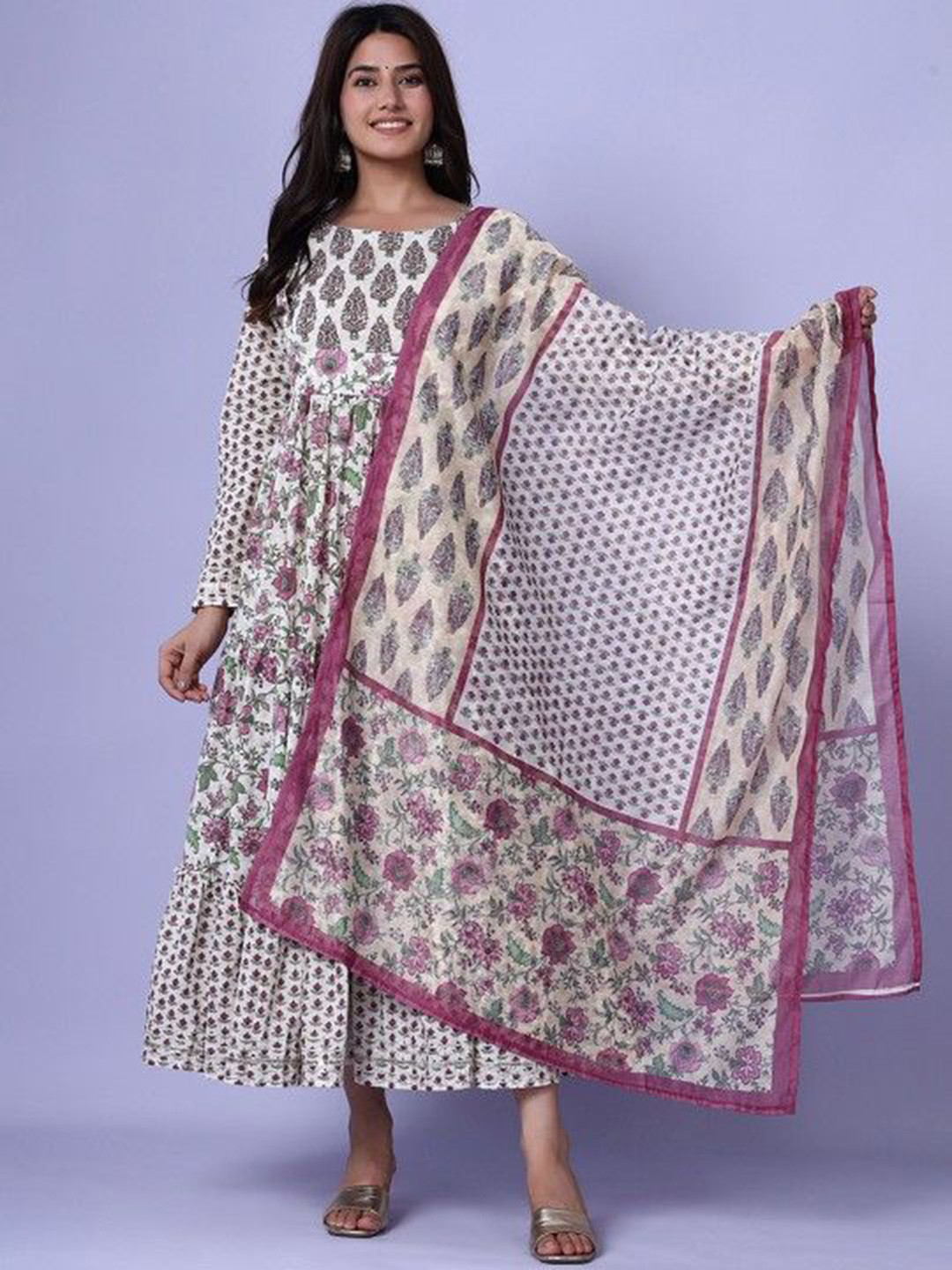 Chandbaali Floral Printed Reguar Cotton Anarkali Ethnic Dress with Dupatta