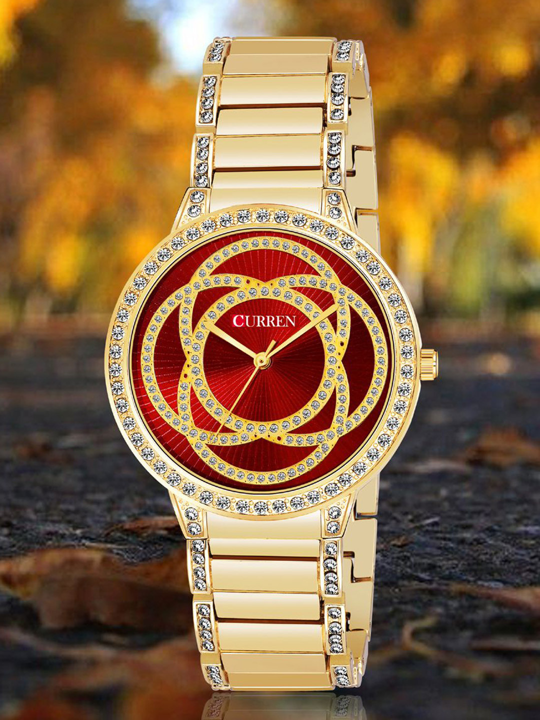 Curren Women Embellished Dial & Stainless Steel Straps Analogue Watch CR-3480-Gold-Red