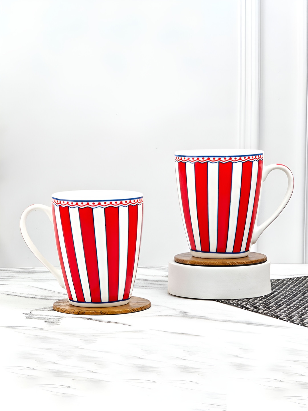 UPC Cute But Aries White Striped Ceramic Microwave Safe 2 Piece Mugs-260ml