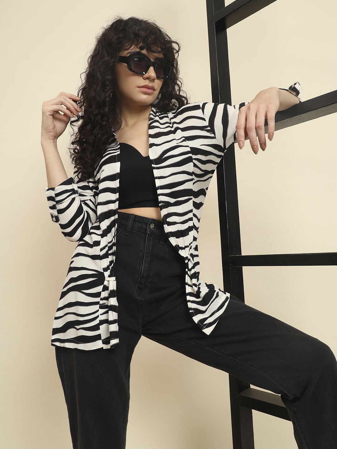 BAESD Zebra Printed Cotton Open Front Shrug