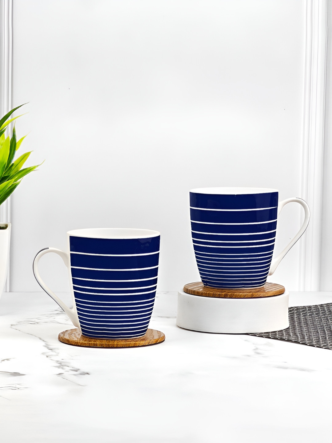 UPC Matka Blue Striped Ceramic Microwave Safe 2 Piece Mugs-260ml