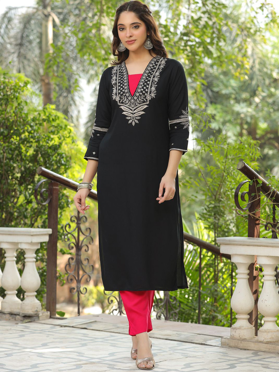 FASHOR Black and Red Floral Embroidered Sequinned Straight Kurta with Palazzos