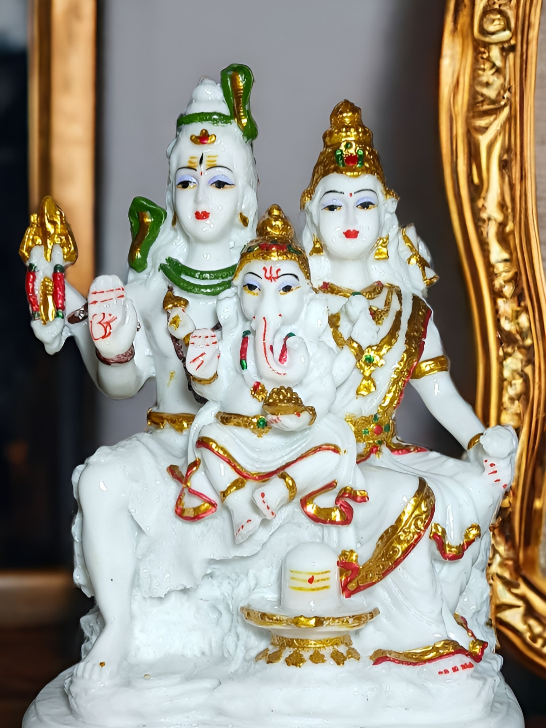 Vrinban International Shiv Parivar with Ganesh Ji White Marble Glossy Prayer Room Medium Showpiece - 11 Inches