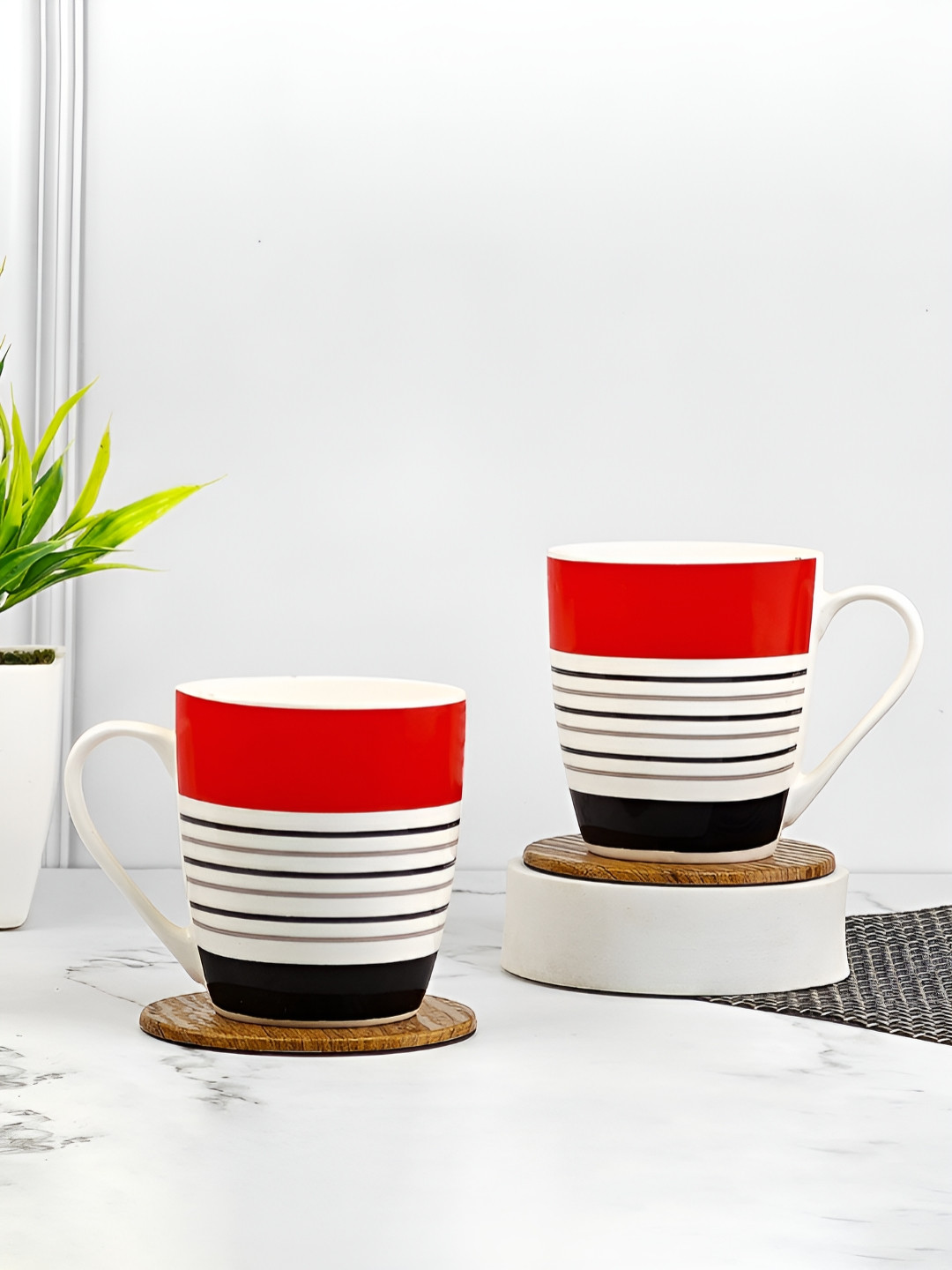 UPC Art of Warli White Striped Ceramic Microwave Safe 2 Piece Mugs-260ml