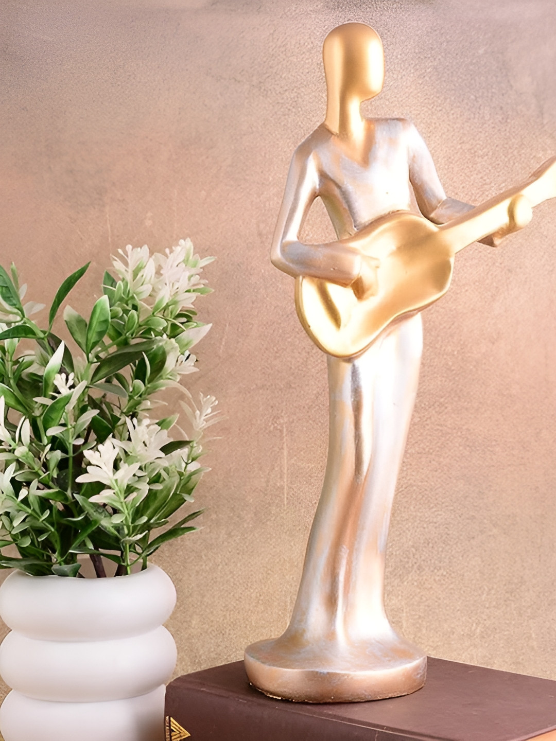 Zart Lady Guitar Gold Polyresin Natural Living Room Medium Showpiece - 13 Inches