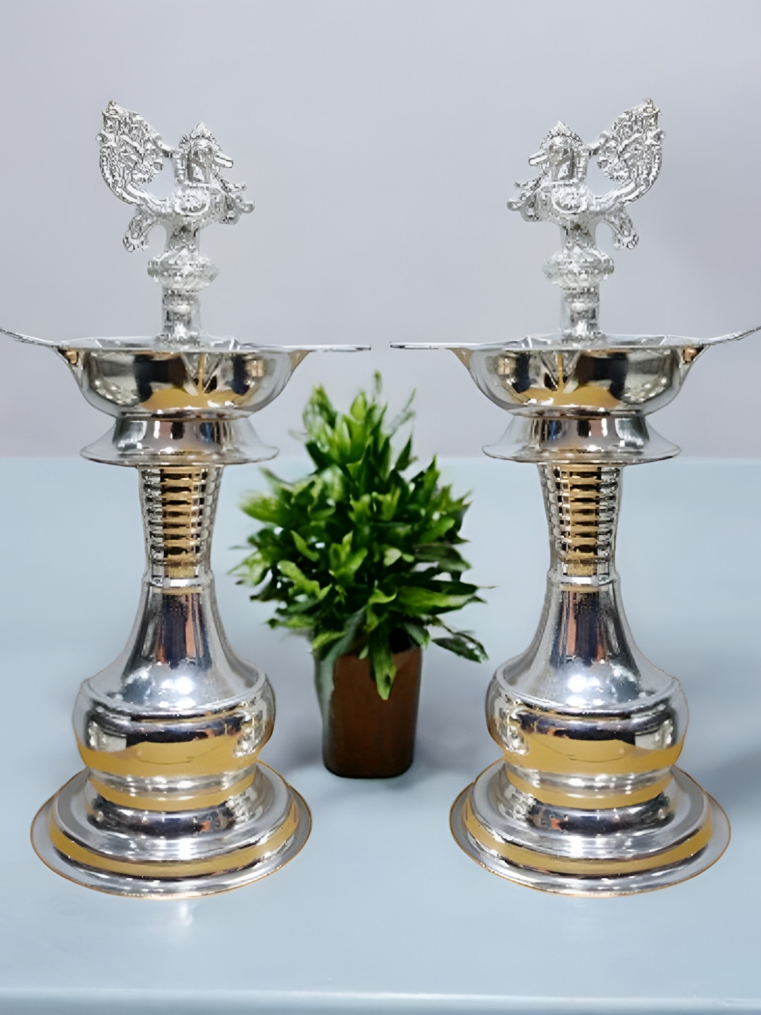 Sigaram Silvertoned 2 Pieces Glossy Pure German Silver Peacock Diyas