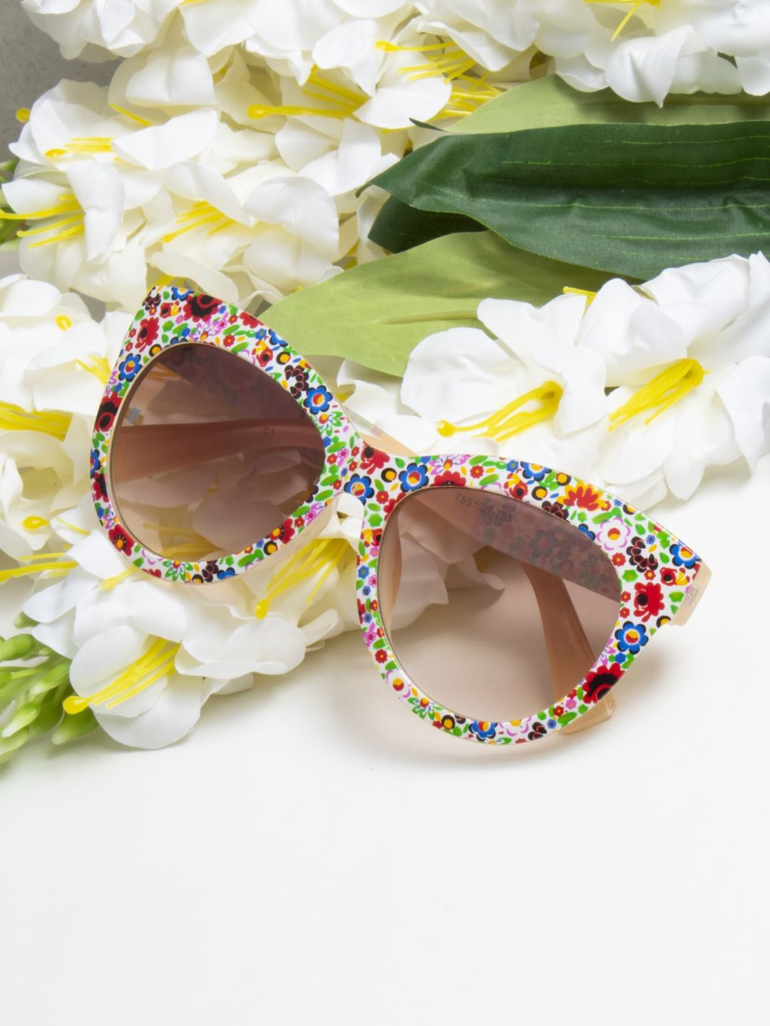 Ted Smith Aesthetic Cream Flower Print Sunglasses Women with UV Protected Lens