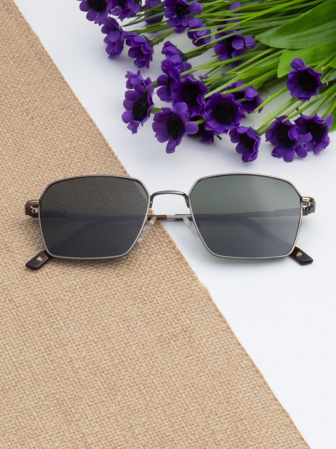 Ted Smith Unisex Gun-Green Metal Square Sunglasses with Polarised Lens