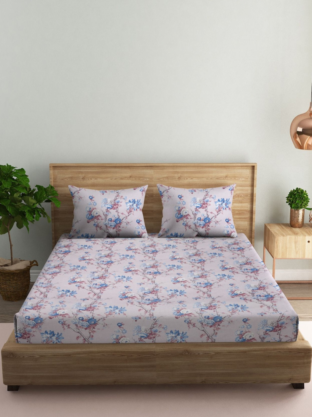 MARK HOME Lavender Floral Cotton 144 TC King Bedsheet with 2 Pillow Covers-2.74 m x 2.74 m