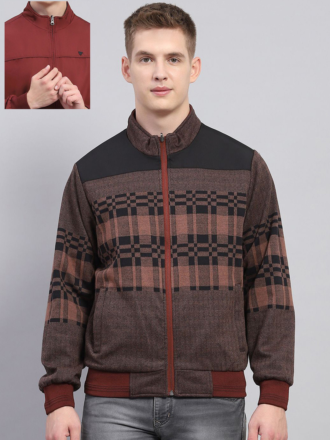 Monte Carlo Men Mock Collar Self Design Casual Bomber Reversible Jacket