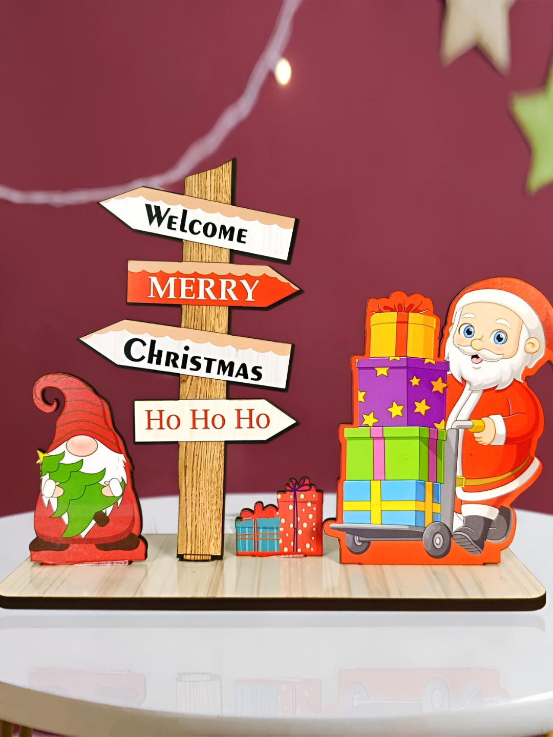 Ascension Welcome Merry Christmas Sign Red Wood Natural Living Room Small Showpiece - 6.9 Inches