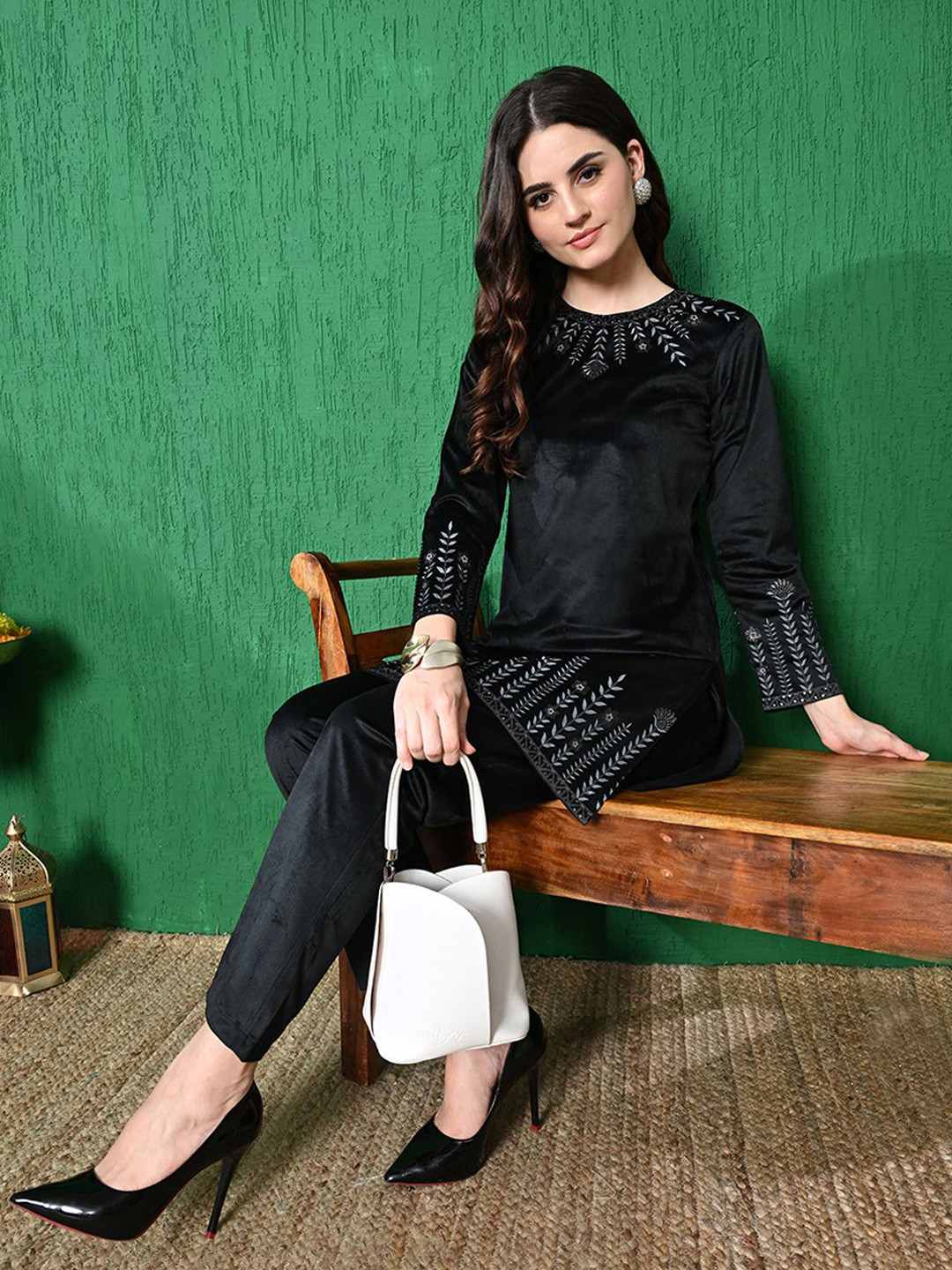 Sangria Self Design Velvet Top With Trouser