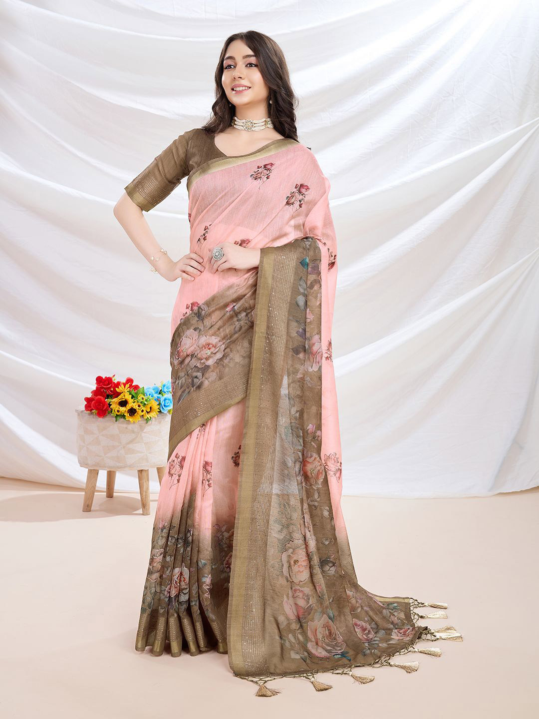Mitera Floral Aari Work Saree With Blouse Piece