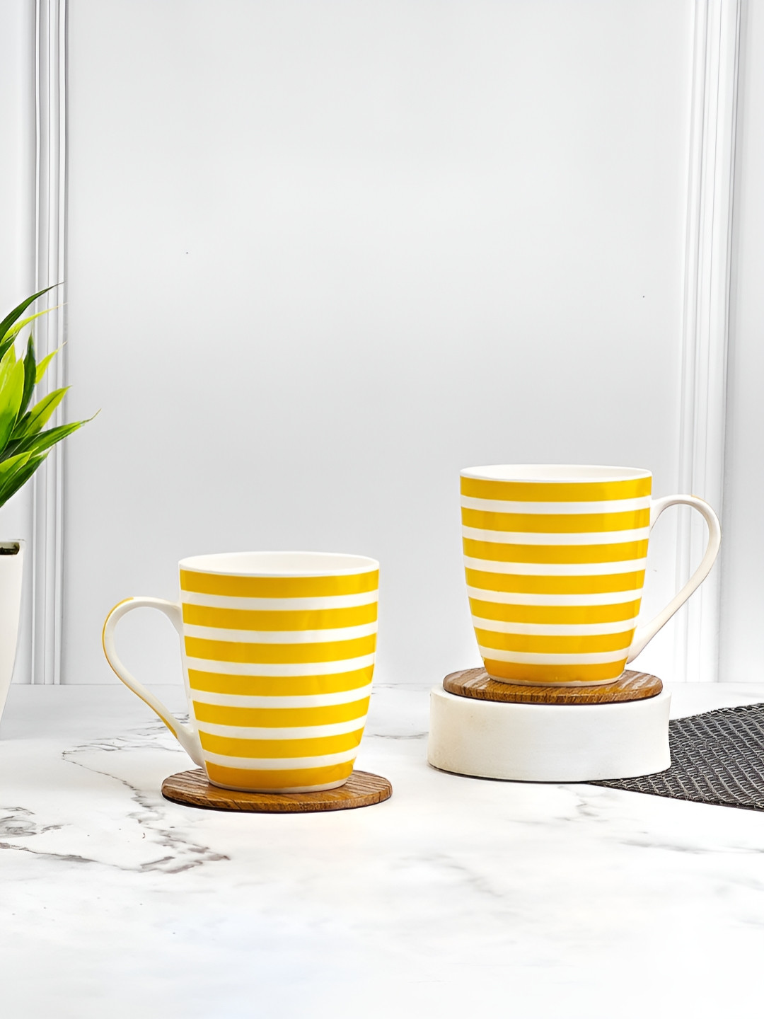 UPC Thank You Yellow Striped Ceramic Microwave Safe 2 Piece Mugs-260ml