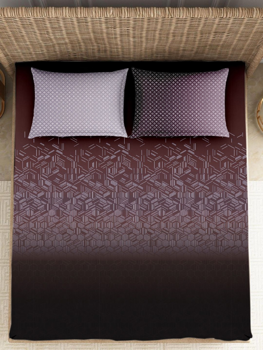 VINTANA Riverside Maroon Geometric Cotton 250 TC King Fine Bedsheet with 2 Pillow Covers-108 x 108 inches