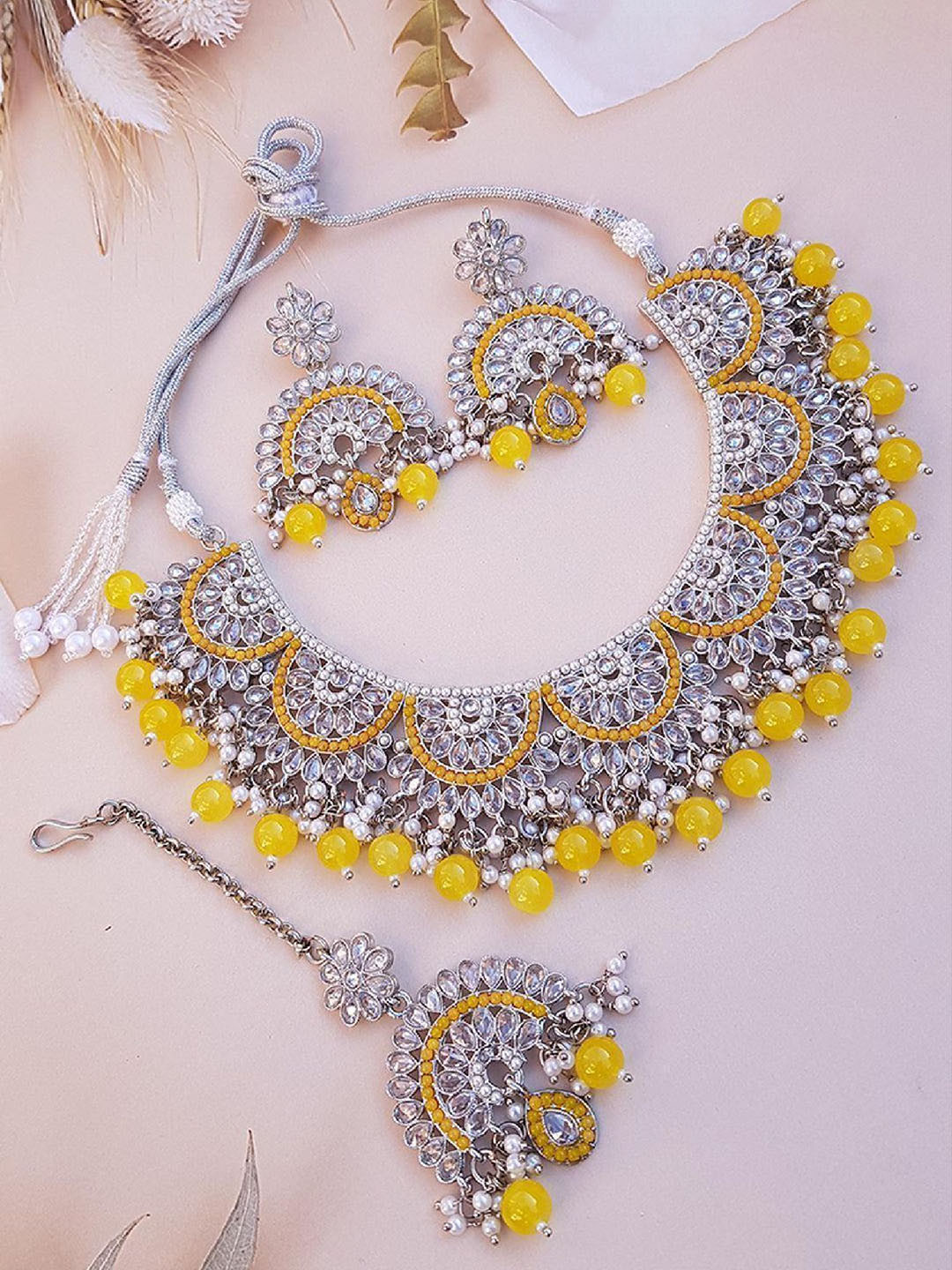 GRIIHAM Silver-Plated CZ-Studded & Beaded Premium Solitaire Jewellery Set