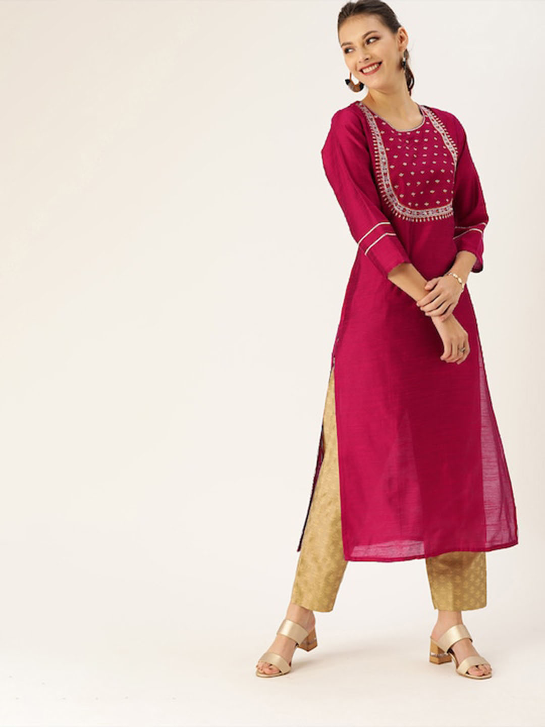 Varanga Magenta Floral Embroidered Round Three-Quarter Sleeves Straight Kurta