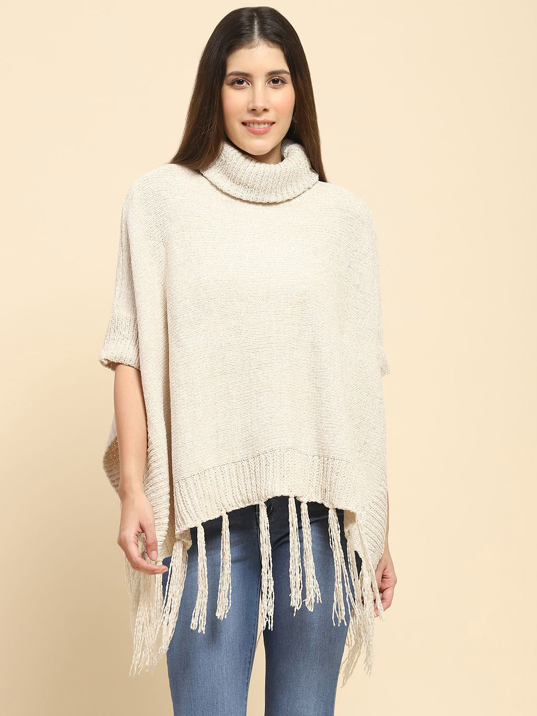Global Republic Women Loose Fit Turtle Neck Poncho with Fringed Detail