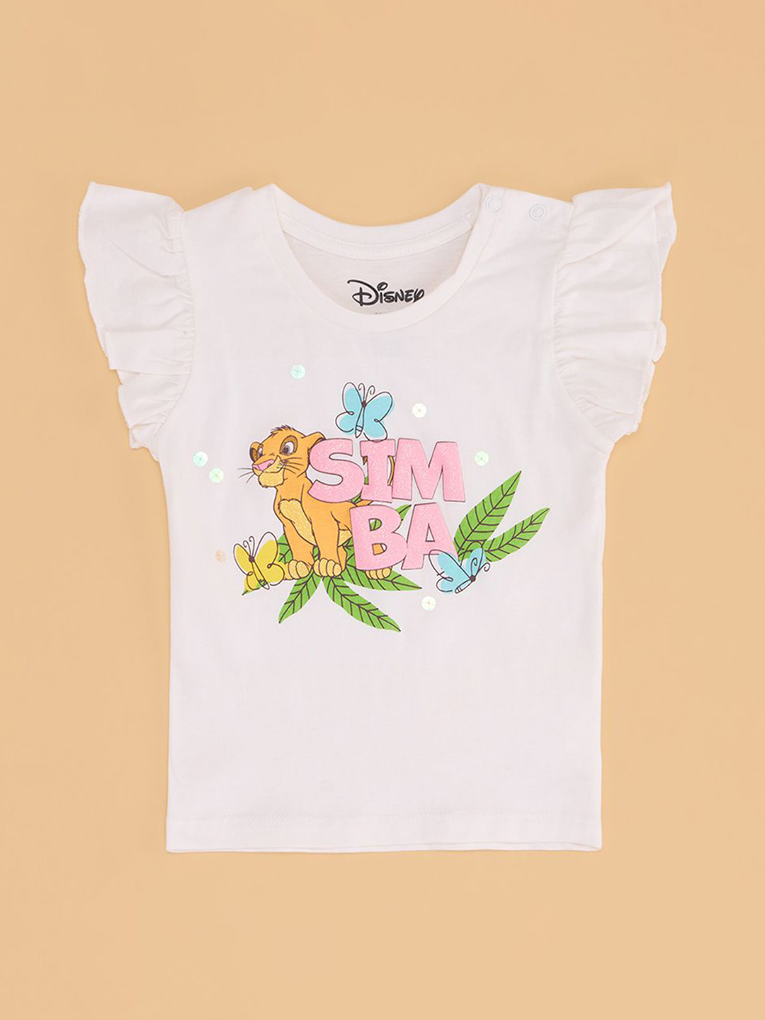 Pantaloons Baby Girls Simba Printed Puff Sleeves Pure Cotton Casual T-shirt