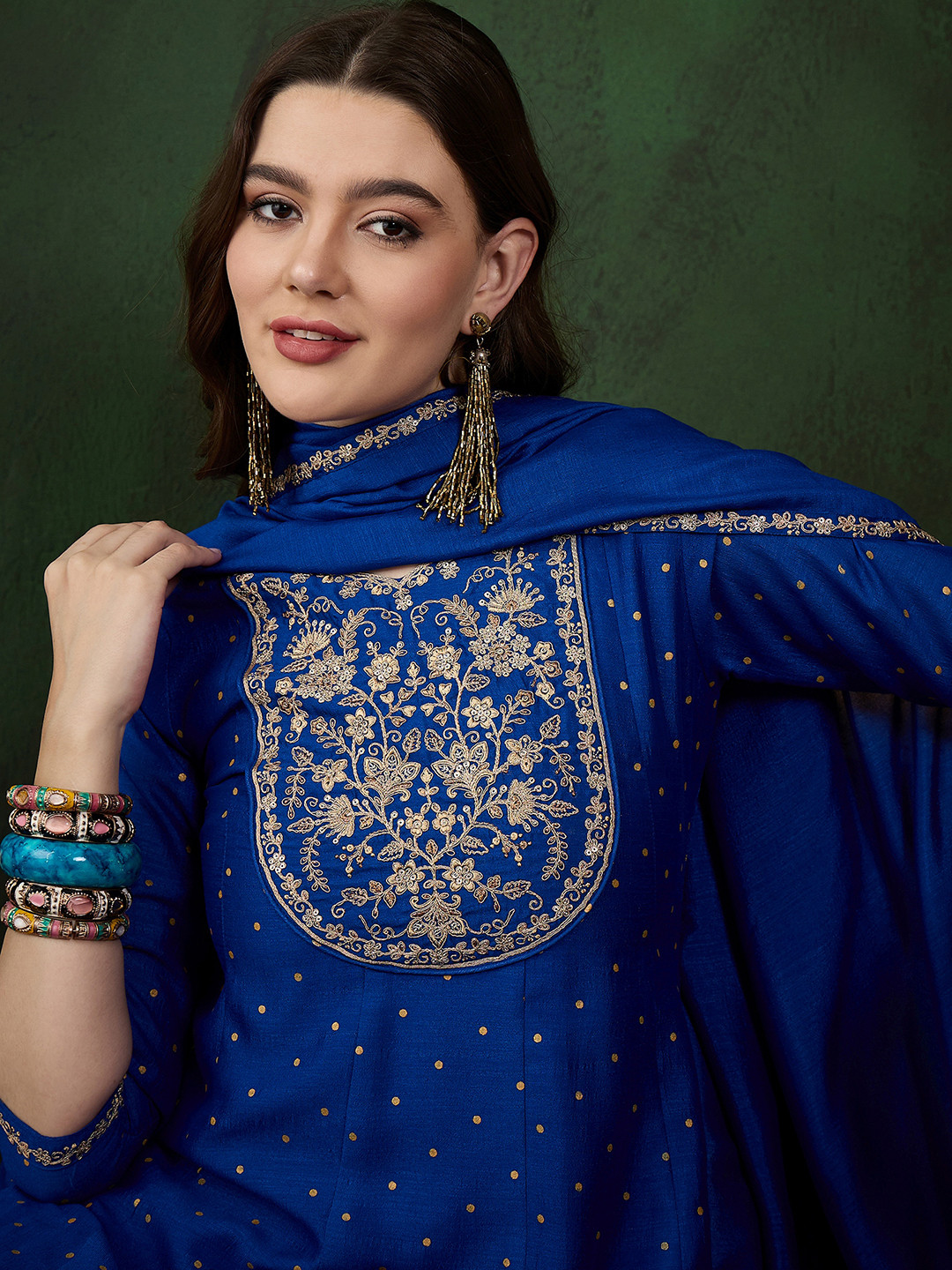 Sangria Blue Polka Dots Printed V-Neck Thread Work Kurta With Trouser With Dupatta