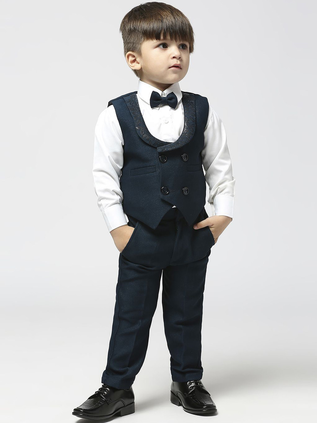 YK Boys Four Piece Single-Breasted Suit With Bow Tie