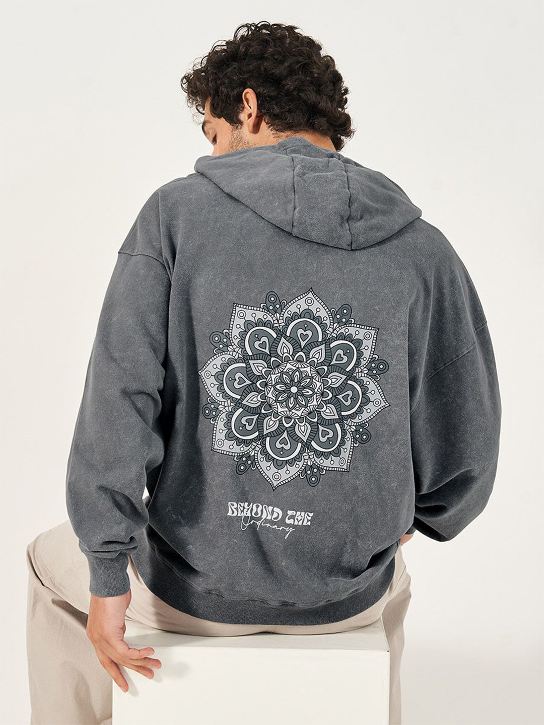 Styli Men Acid Wash Back & Front Graphic Oversized Hoodie