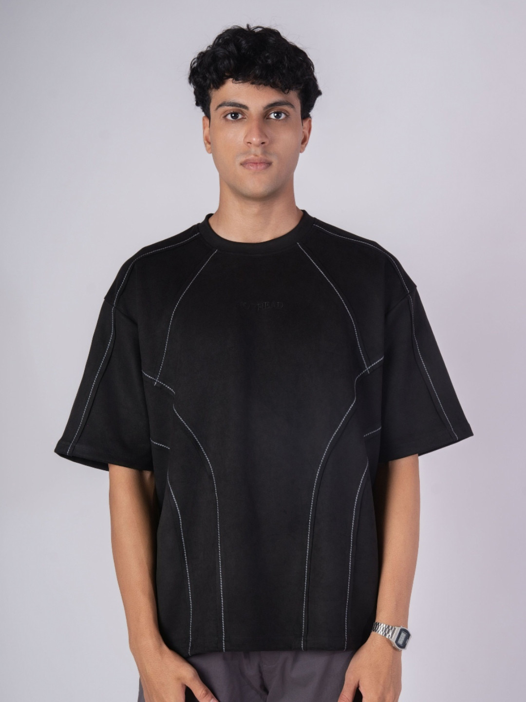 Hop Head Black Stitch-Line Embroidered Suede T-Shirt