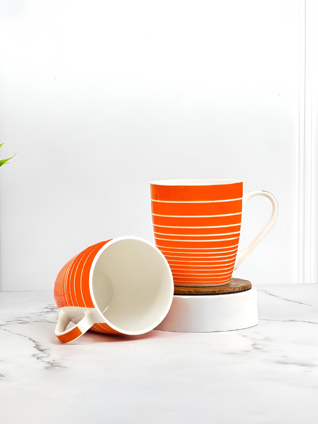 UPC Wild Coral Orange Striped Ceramic Microwave Safe 2 Piece Mugs-260ml