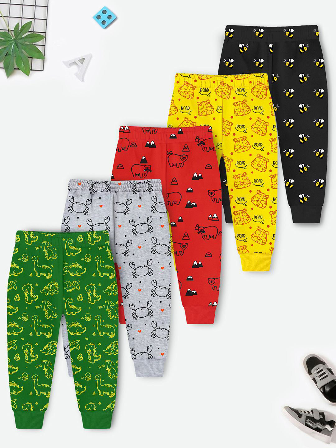 YK X Trampoline Kids Pack Of 5 Printed Cotton Mid-Rise Joggers