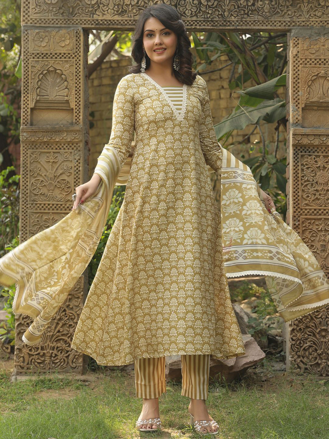 Anni Designer Floral Print A-Line Kurta with Trousers & With Dupatta