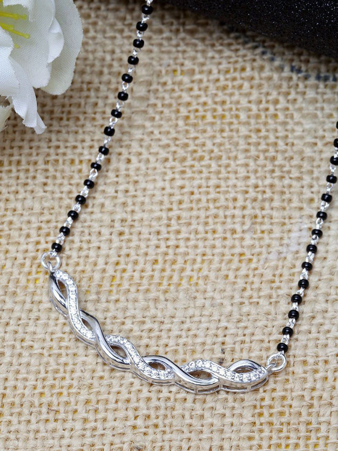 Wynona Silver-Plated Sterling Silver Tanma American Diamond & Beaded Mangalsutra