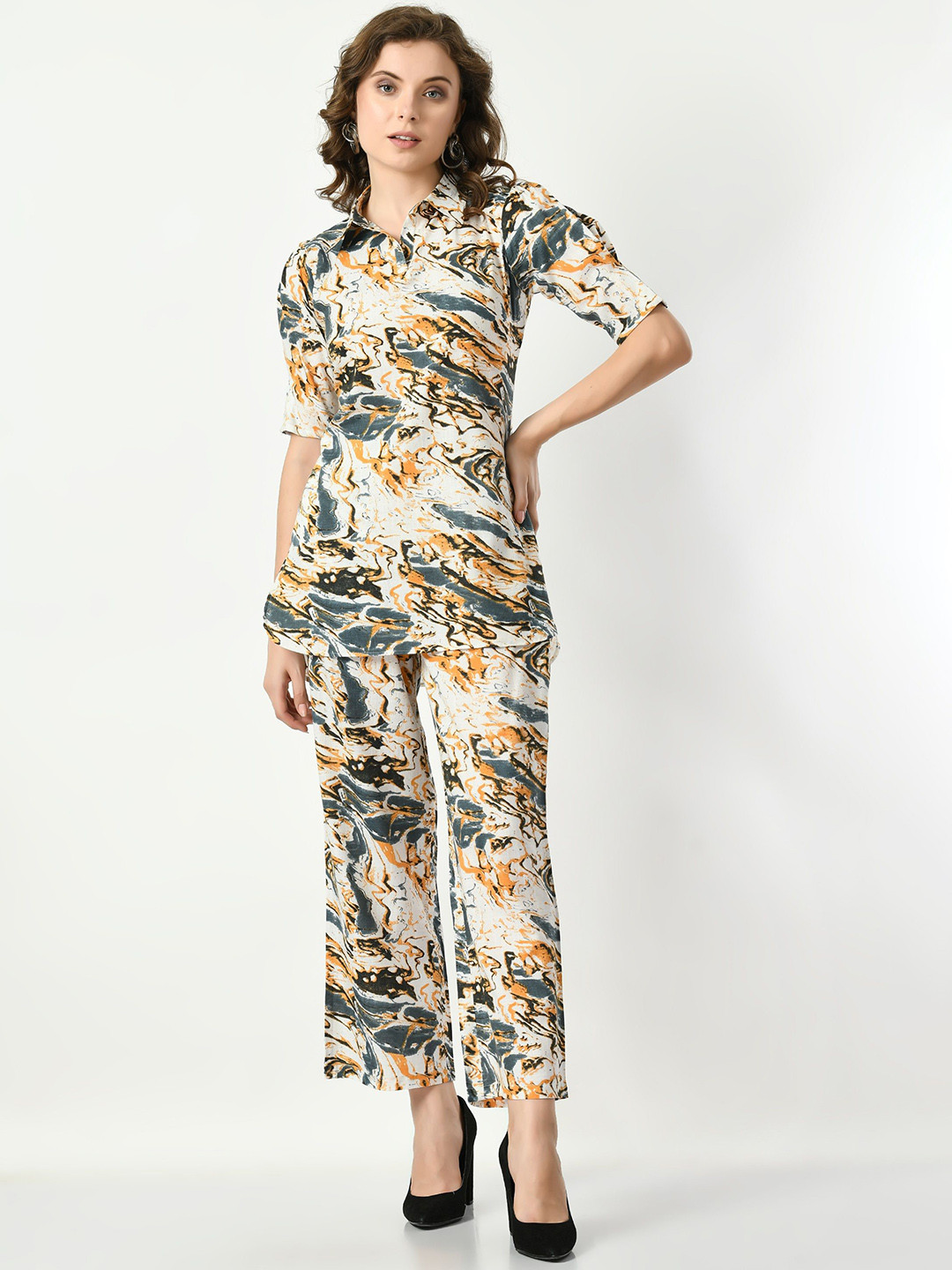 VAPPSYAM Abstract Printed Shirt Collar Pure Cotton Short Sleeves Tunic & Trousers