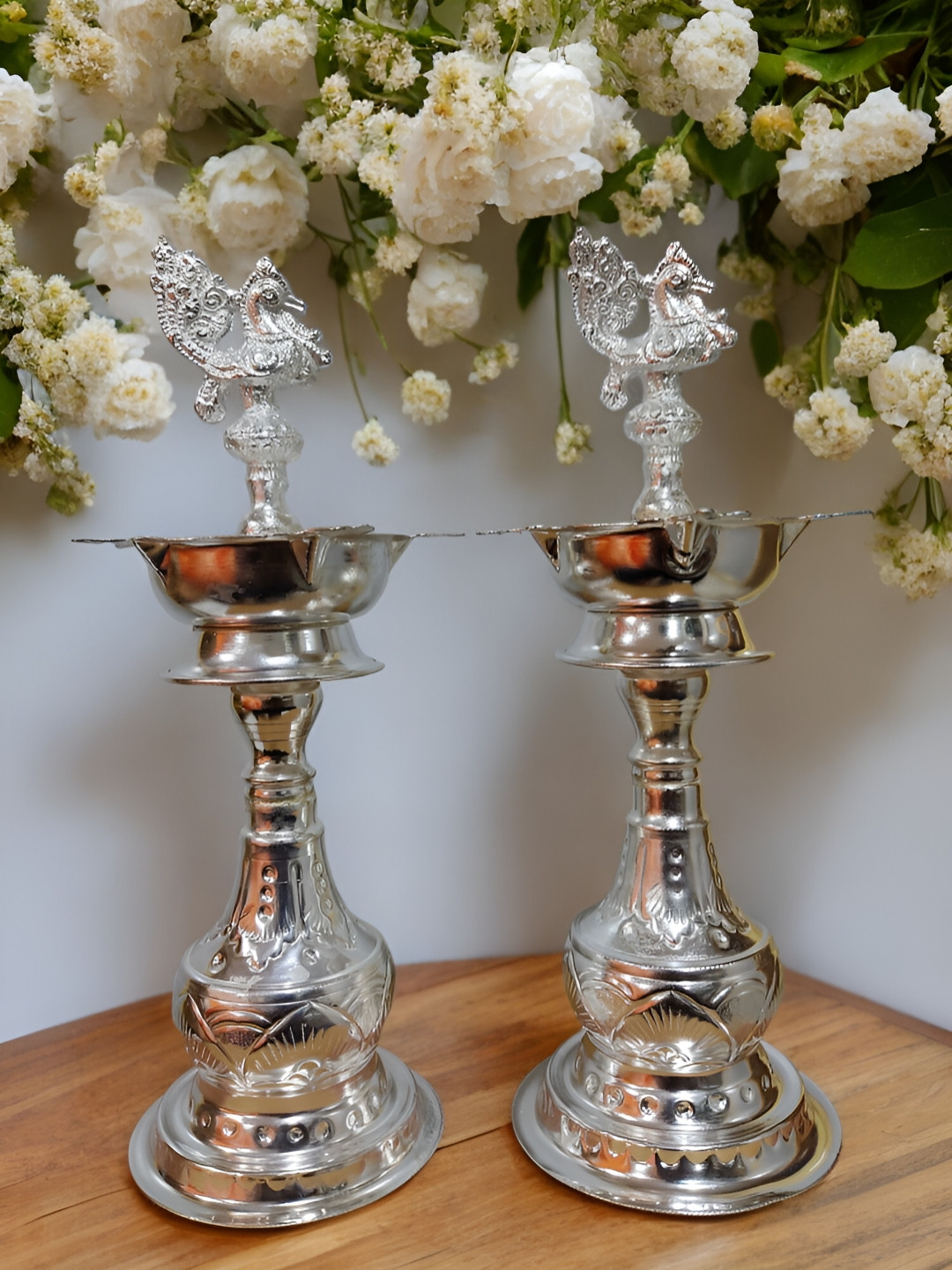 Sigaram Silvertoned 2 Pcs Glossy Pure German Silver Peacock Diyas