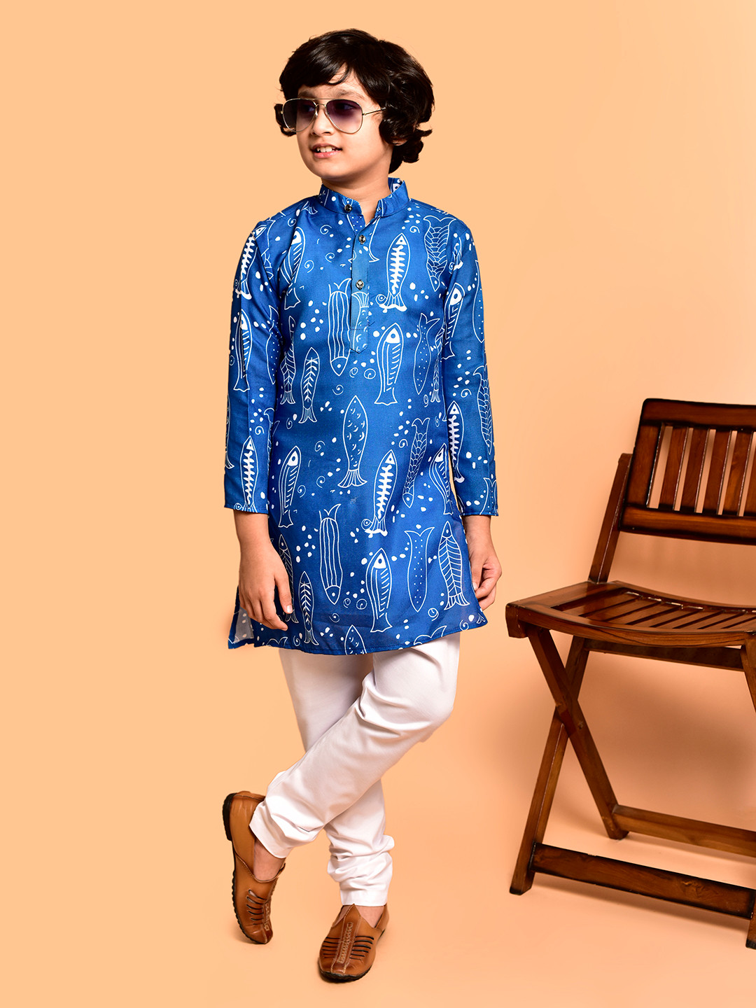 PRINTINDIA Boys Quirky Printed Band Collar Three-Quarter Sleeves Regular Kurta & Churidar