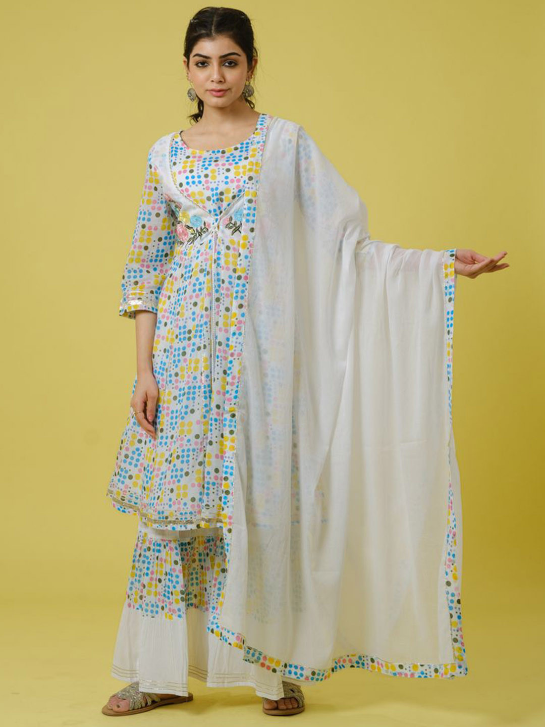 Hassu's Geometric Printed A-line Kurta with Sharara & With Dupatta